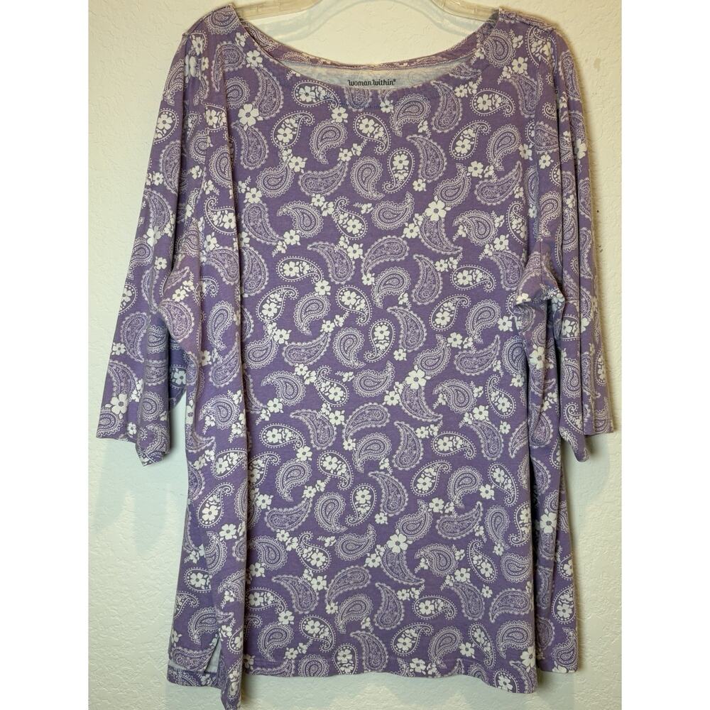 Woman Within Lavender and White Paisley Print Knit Top 3/4 Sleeves Size 1X 22/24